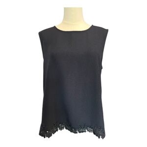✨ EUC ANN TAYLOR Navy Sleeveless Shell with Floral Appliqué Hem | Women’s Sz M